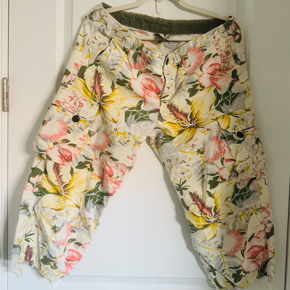 Lucky Brand Tropical Floral Print Capri Cargo Pants, Sz 12